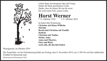 Traueranzeige von Horst Werner  von Magdeburger Volksstimme