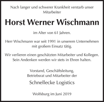 Traueranzeige von Horst Werner Wischmann  von Magdeburger Volksstimme