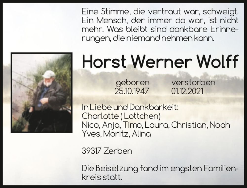  Traueranzeige für Horst Werner Wolff  vom 18.12.2021 aus Magdeburger Volksstimme