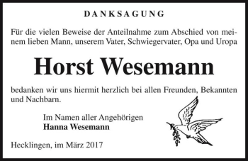 Traueranzeige von Horst Wesemann  von Magdeburger Volksstimme