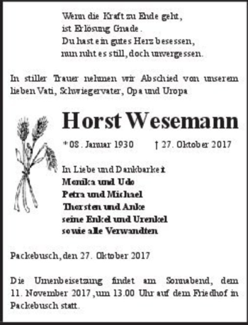 Traueranzeige von Horst Wesemann  von Magdeburger Volksstimme
