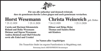 Traueranzeige von Horst Wesemann und Christa Weinreich (geb. Dobes)  von Magdeburger Volksstimme