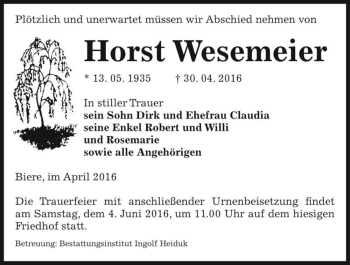 Traueranzeige von Horst Wesemeier  von Magdeburger Volksstimme