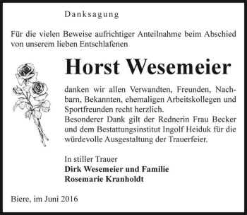 Traueranzeige von Horst Wesemeier  von Magdeburger Volksstimme