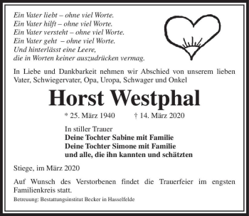 Traueranzeige von Horst Westphal  von Magdeburger Volksstimme
