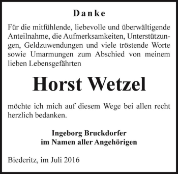 Traueranzeige von Horst Wetzel  von Magdeburger Volksstimme