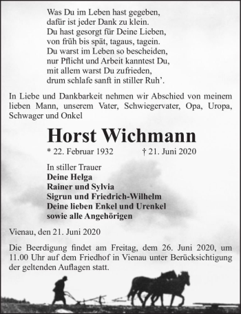 Traueranzeige von Horst Wichmann  von Magdeburger Volksstimme