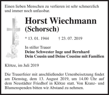 Traueranzeige von Horst Wiechmann (Schorsch)  von Magdeburger Volksstimme
