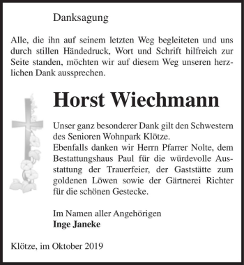 Traueranzeige von Horst Wiechmann  von Magdeburger Volksstimme