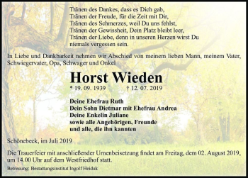 Traueranzeige von Horst Wieden  von Magdeburger Volksstimme