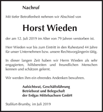 Traueranzeige von Horst Wieden  von Magdeburger Volksstimme