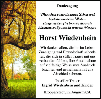 Traueranzeige von Horst Wiedenbein  von Magdeburger Volksstimme