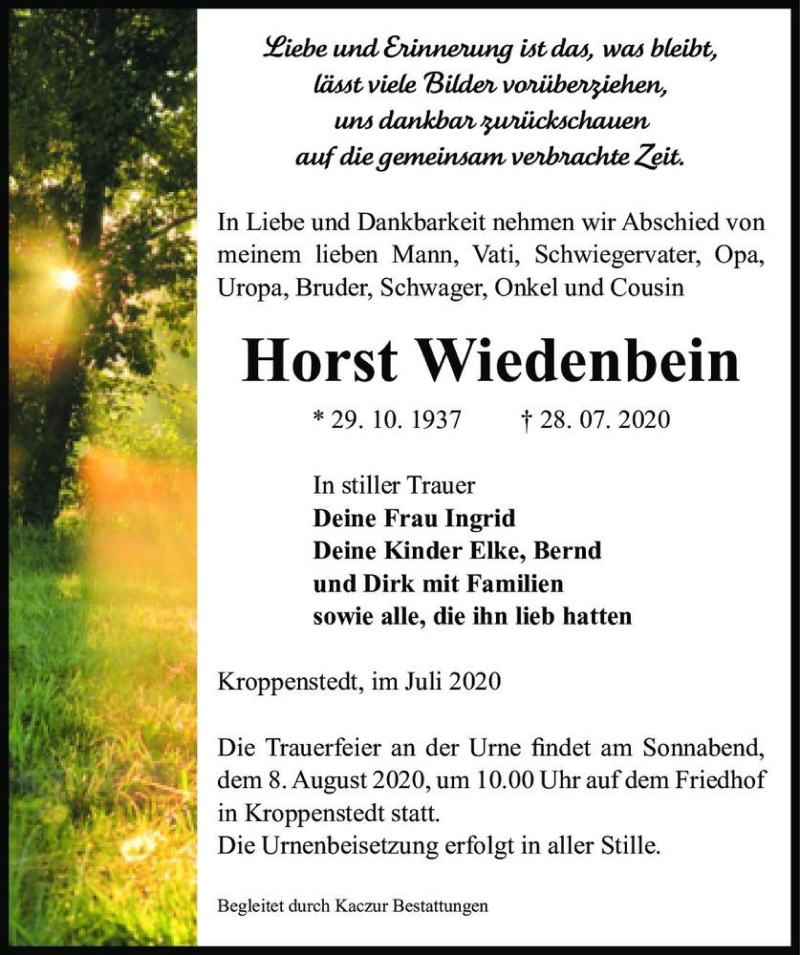  Traueranzeige für Horst Wiedenbein  vom 01.08.2020 aus Magdeburger Volksstimme