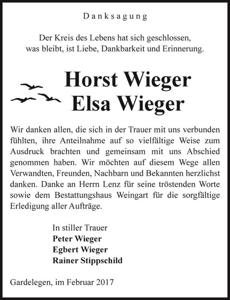  Traueranzeige für Horst Wieger und Elsa Wieger  vom 24.03.2017 aus Magdeburger Volksstimme