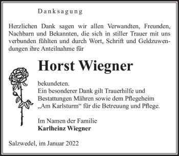 Traueranzeige von Horst Wiegner  von Magdeburger Volksstimme
