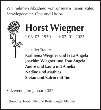 Traueranzeige von Horst Wiegner  von Magdeburger Volksstimme