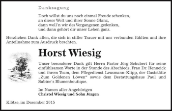 Traueranzeige von Horst Wiesig  von Magdeburger Volksstimme