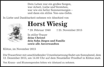 Traueranzeige von Horst Wiesig  von Magdeburger Volksstimme