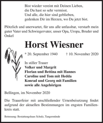 Traueranzeige von Horst Wiesner  von Magdeburger Volksstimme