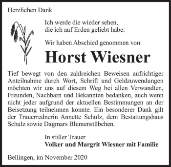 Traueranzeige von Horst Wiesner  von Magdeburger Volksstimme
