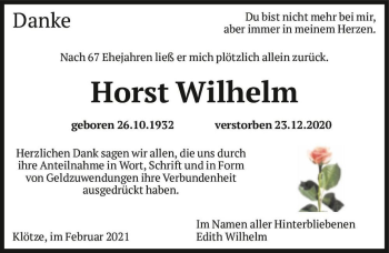 Traueranzeige von Horst Wilhelm  von Magdeburger Volksstimme
