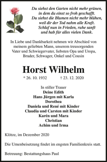 Traueranzeige von Horst Wilhelm  von Magdeburger Volksstimme