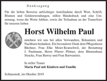 Traueranzeige von Horst Wilhelm Paul  von Magdeburger Volksstimme