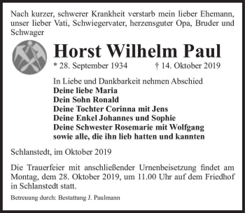 Traueranzeige von Horst Wilhelm Paul  von Magdeburger Volksstimme