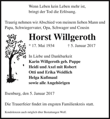Traueranzeige von Horst Willgeroth  von Magdeburger Volksstimme