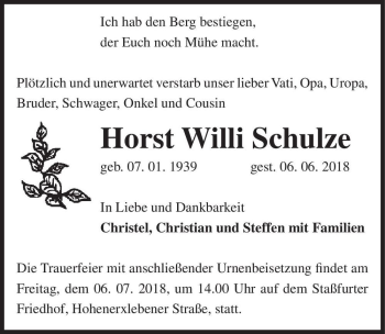 Traueranzeige von Horst Willi Schulze  von Magdeburger Volksstimme