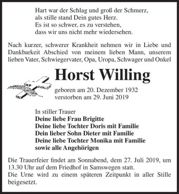 Traueranzeige von Horst Willing  von Magdeburger Volksstimme