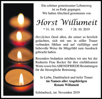 Traueranzeige von Horst Willumeit  von Magdeburger Volksstimme