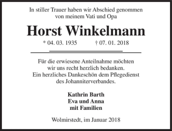 Traueranzeige von Horst Winkelmann  von Magdeburger Volksstimme