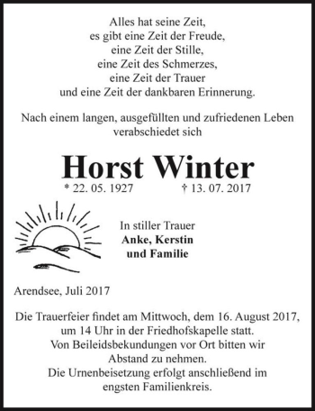 Traueranzeige von Horst Winter  von Magdeburger Volksstimme
