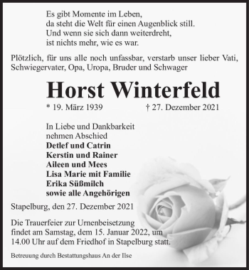 Traueranzeige von Horst Winterfeld  von Magdeburger Volksstimme