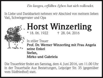 Traueranzeige von Horst Winzerling  von Magdeburger Volksstimme