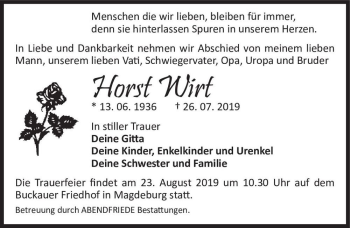 Traueranzeige von Horst Wirt  von Magdeburger Volksstimme