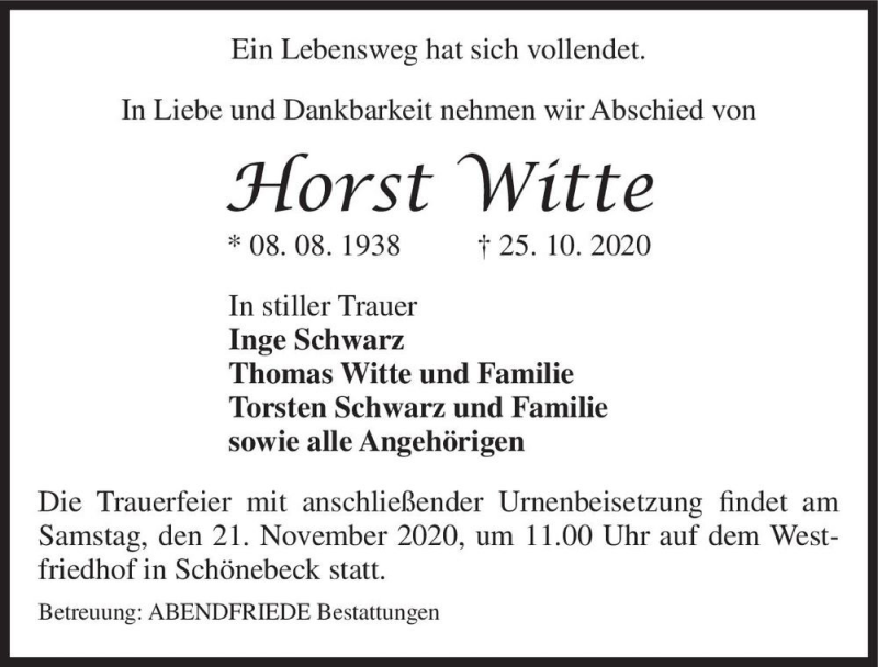  Traueranzeige für Horst Witte  vom 07.11.2020 aus Magdeburger Volksstimme