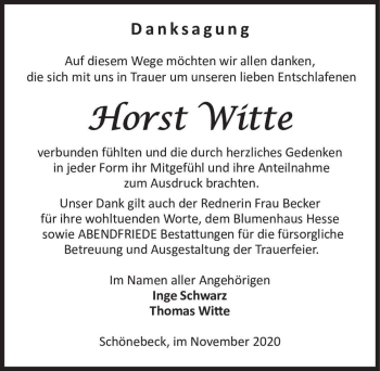 Traueranzeige von Horst Witte  von Magdeburger Volksstimme