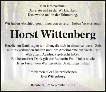 Traueranzeige von Horst Wittenberg  von Magdeburger Volksstimme