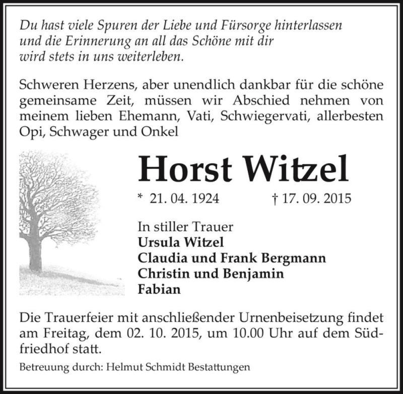  Traueranzeige für Horst Witzel  vom 26.09.2015 aus Magdeburger Volksstimme