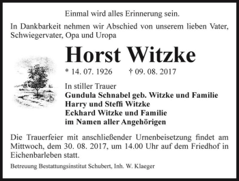 Traueranzeige von Horst Witzke  von Magdeburger Volksstimme