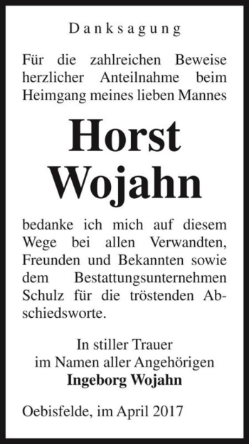 Traueranzeige von Horst Wojahn  von Magdeburger Volksstimme