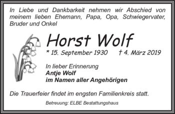Traueranzeige von Horst Wolf  von Magdeburger Volksstimme