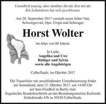 Traueranzeige von Horst Wolter  von Magdeburger Volksstimme