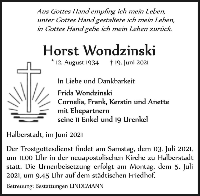  Traueranzeige für Horst Wondzinski  vom 26.06.2021 aus Magdeburger Volksstimme