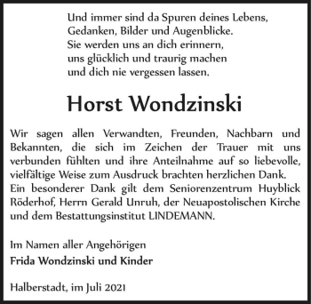 Traueranzeige von Horst Wondzinski  von Magdeburger Volksstimme