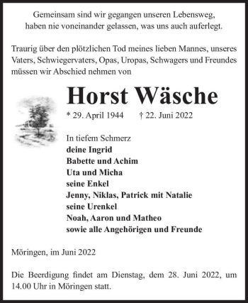Traueranzeige von Horst Wäsche  von Magdeburger Volksstimme