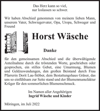 Traueranzeige von Horst Wäsche  von Magdeburger Volksstimme