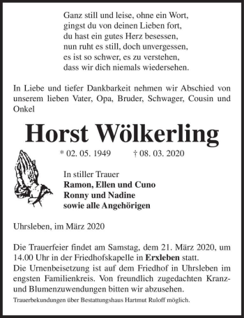 Traueranzeige von Horst Wölkerling  von Magdeburger Volksstimme